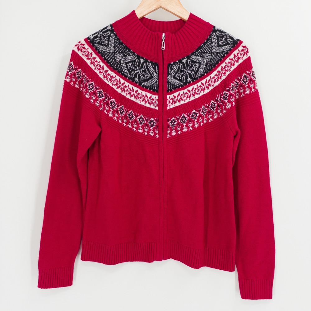 Christopher Banks Christmas Cardigan Women S Red Fair Isle Nordic Winter Cotton